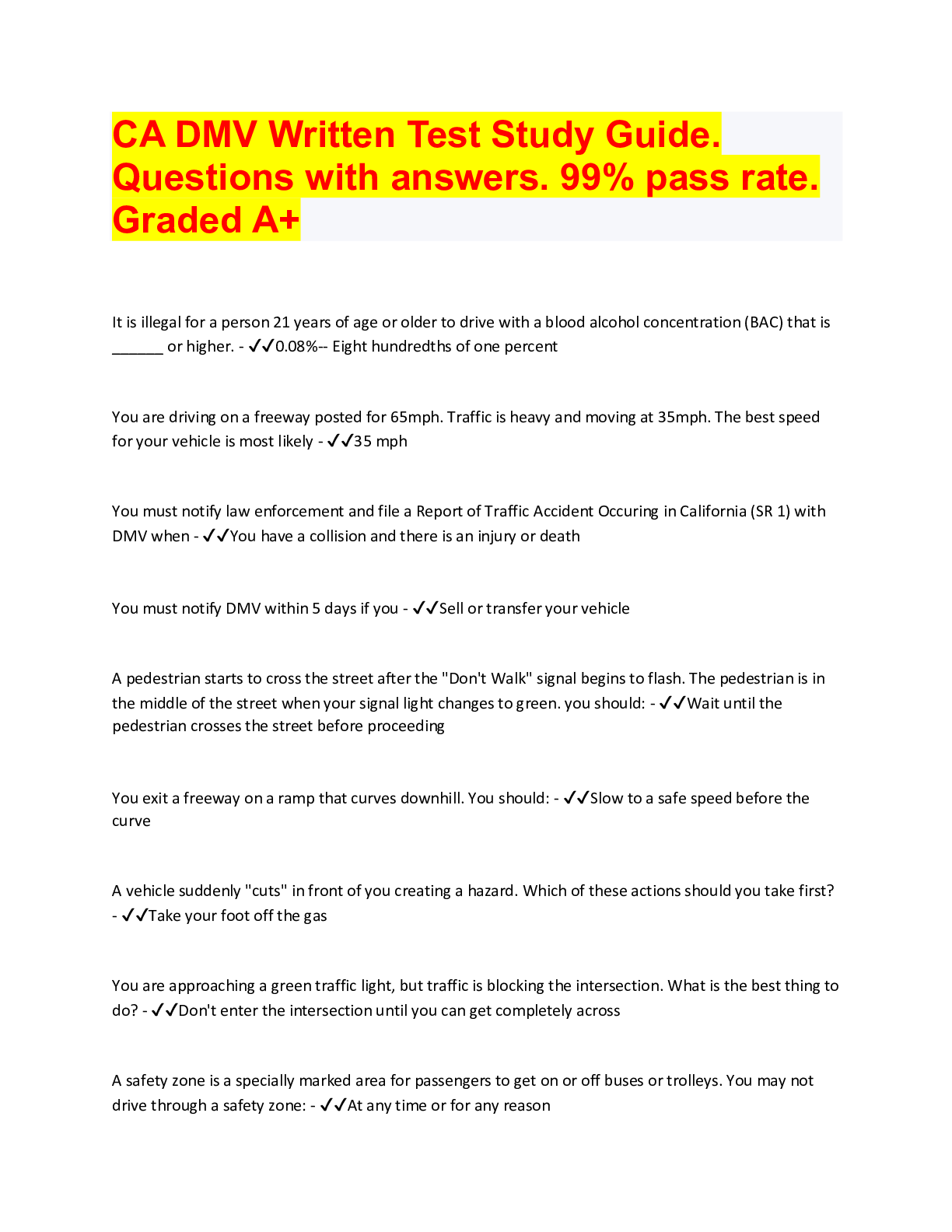 Preview image for CA DMV Written Test Study Guide Latest Updated 2022 Already Passed